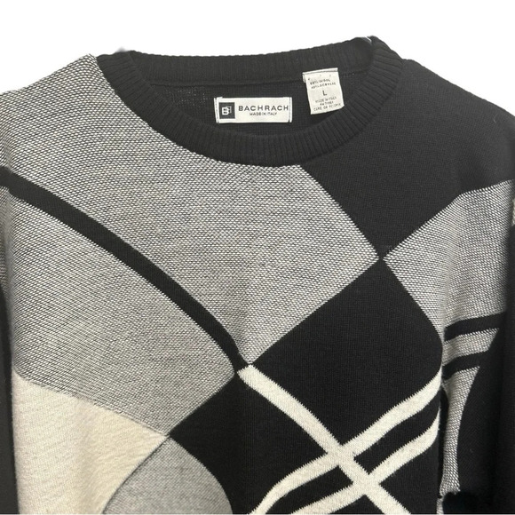 Vintage 90s Bachrach Wool Argyle Geometric Crewneck Sweater Black White - Picture 2 of 6